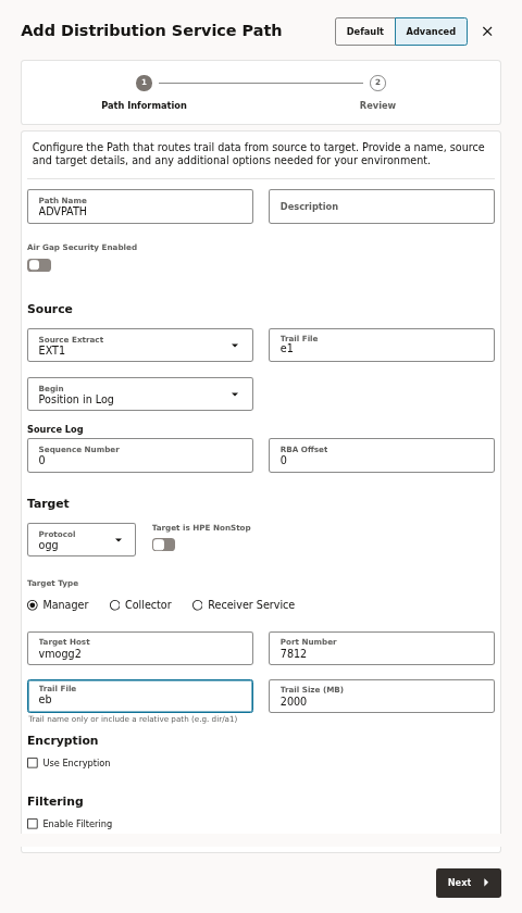 Create Path in Advanced mode (ogg target) - Air Gap, Target Type, HPE NonStop and Trail Size revealed