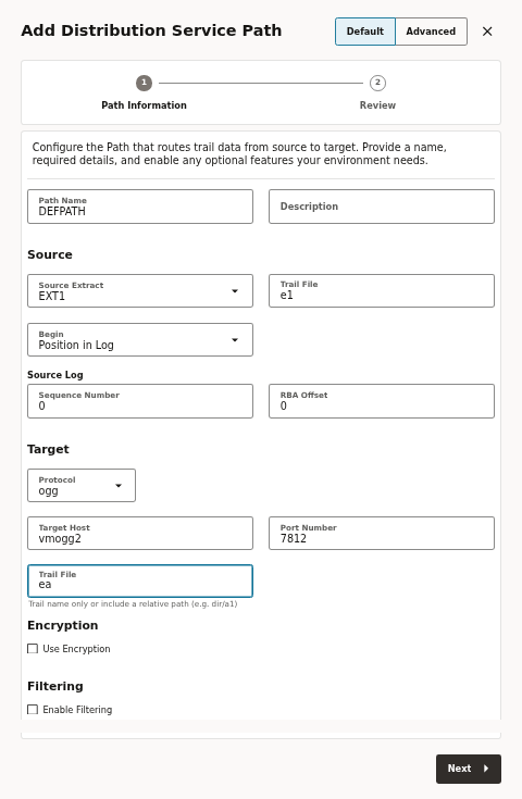 Create Path in Default mode (ogg target) - only the required fields