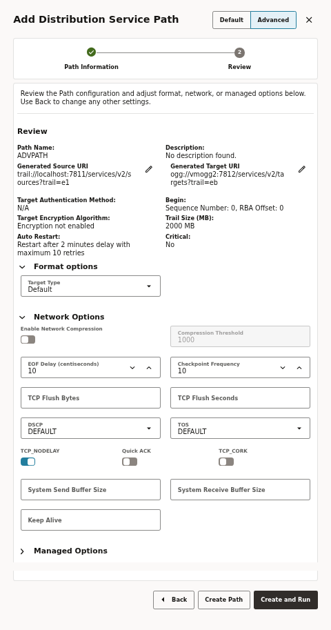 Review step in Advanced mode - Format and Network Options revealed