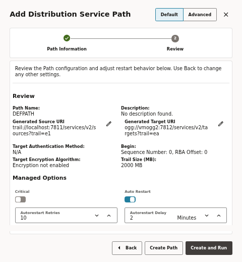 Review step in Default mode - summary plus Managed Options