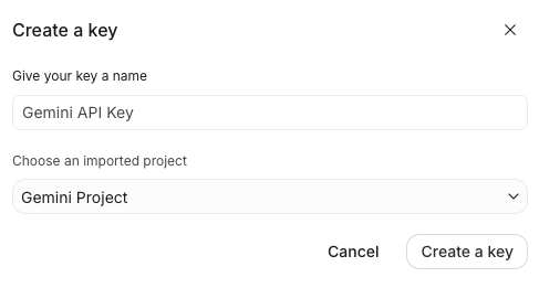 The Create a key dialog, with the key name set to "Gemini API Key" and the imported project set to "Gemini Project"