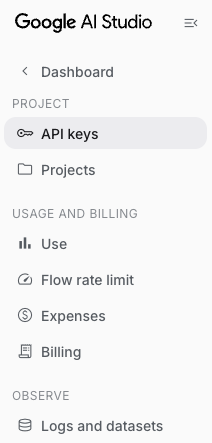 Google AI Studio's left navigation, with the API keys entry highlighted under the Project section