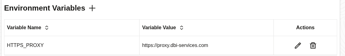 The Service Manager's Configuration > Environment Variables table after adding HTTPS_PROXY set to https://proxy.dbi-services.com