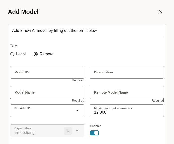 The empty Add Model dialog of the AI Service, with the Maximum input characters field at its default value of 12,000 next to Provider ID