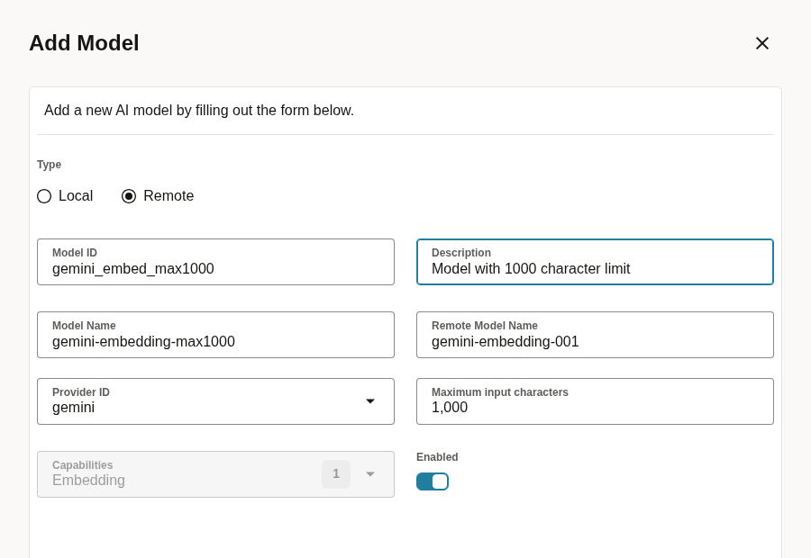 The Add Model dialog filled in for gemini_embed_max1000, Maximum input characters set to 1,000, Remote Model Name gemini-embedding-001