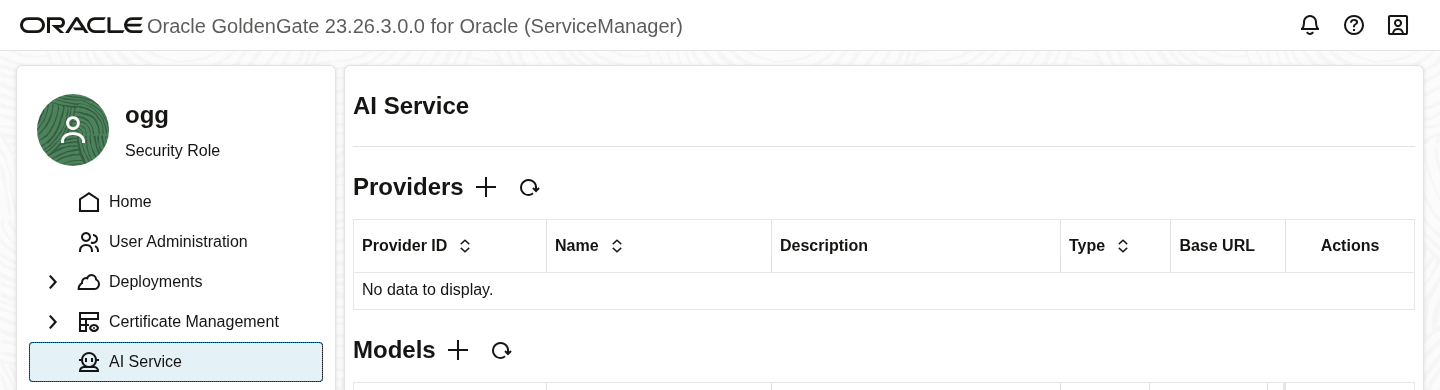 The Service Manager's left navigation with AI Service selected, showing the empty Providers and Models tables