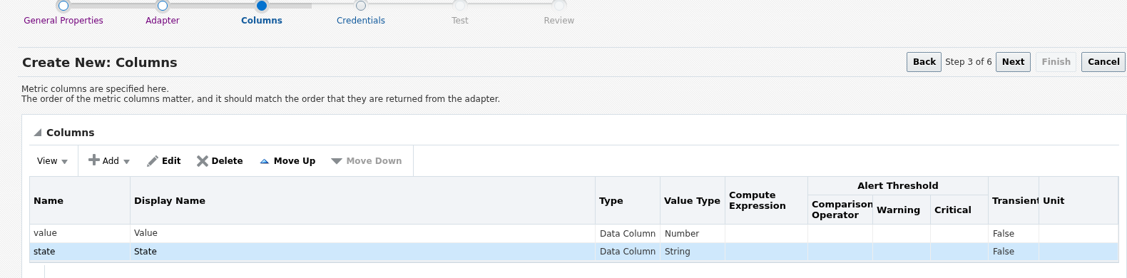 Columns step showing two columns, value as Number and state as String