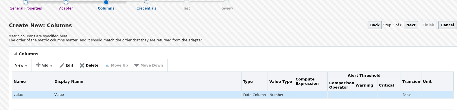 Columns step showing one added column named value, display name Value, type Data Column, value type Number