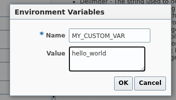 Environment Variables dialog filled in with Name MY_CUSTOM_VAR and Value hello_world