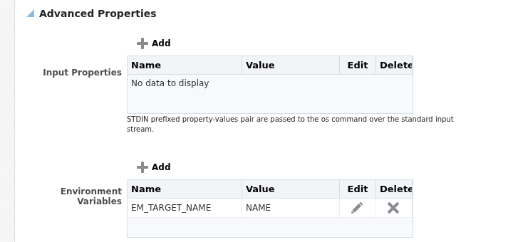 Environment Variables section of the Adapter step, showing the default EM_TARGET_NAME entry with no custom variables added yet