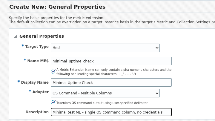 General Properties step of the Create Metric Extension wizard, filled in with target type Host, name minimal_uptime_check, display name Minimal Uptime Check, and adapter OS Command - Multiple Columns