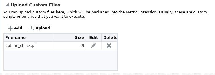 The Adapter step's Upload Custom Files panel listing uptime_check.pl, 39 bytes, with edit and delete icons for the uploaded file