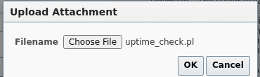 The Upload Attachment dialog in the Metric Extension wizard's Adapter step, with uptime_check.pl chosen via Choose File and ready to confirm with OK