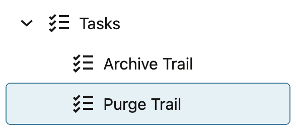 Administration Service navigation panel showing Tasks > Purge Trail