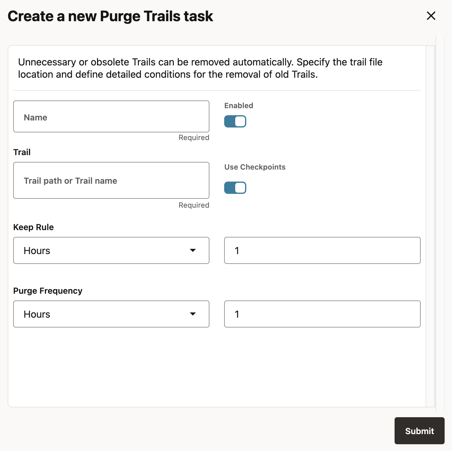 Purge trail task creation form